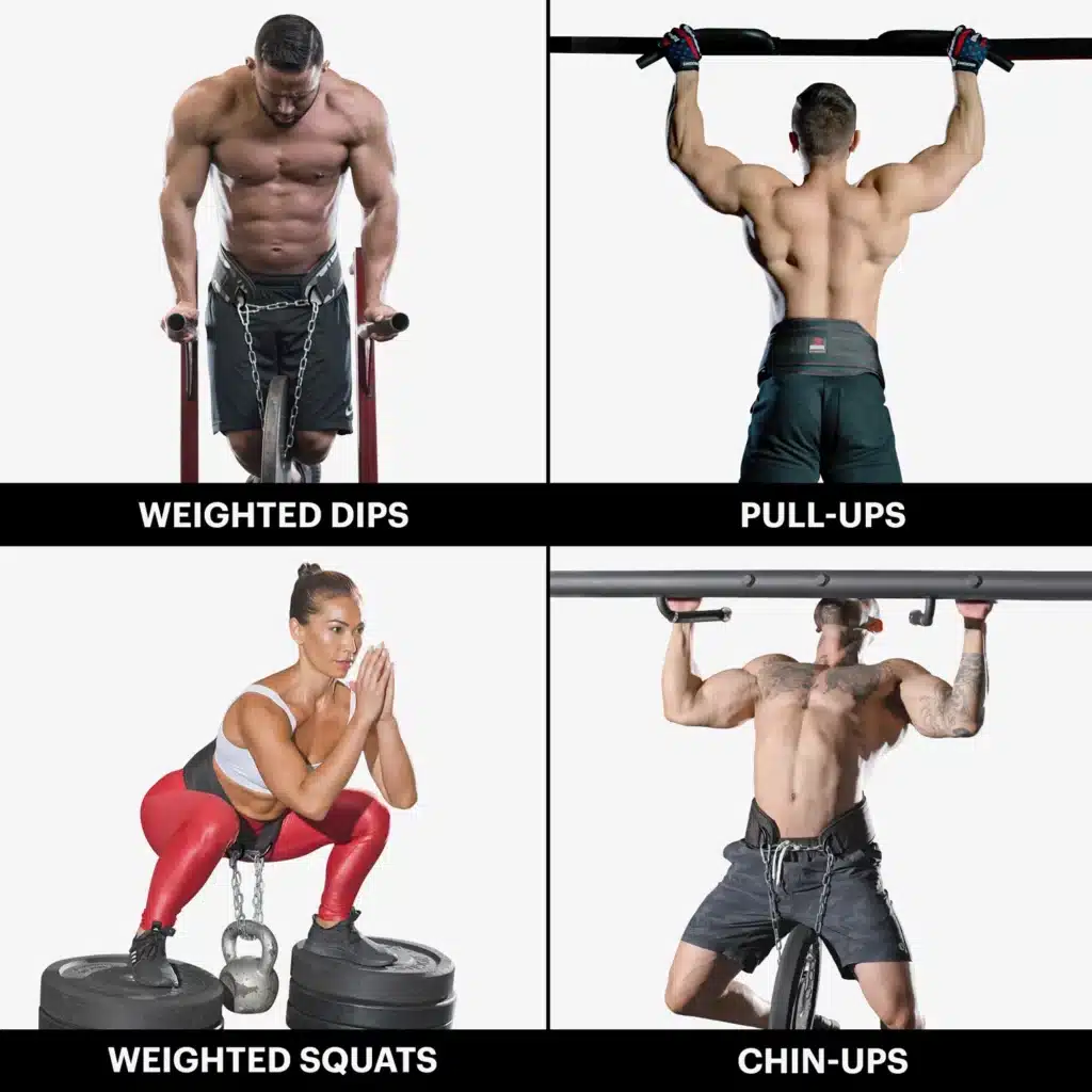 men and women doing different exercises with dip belts