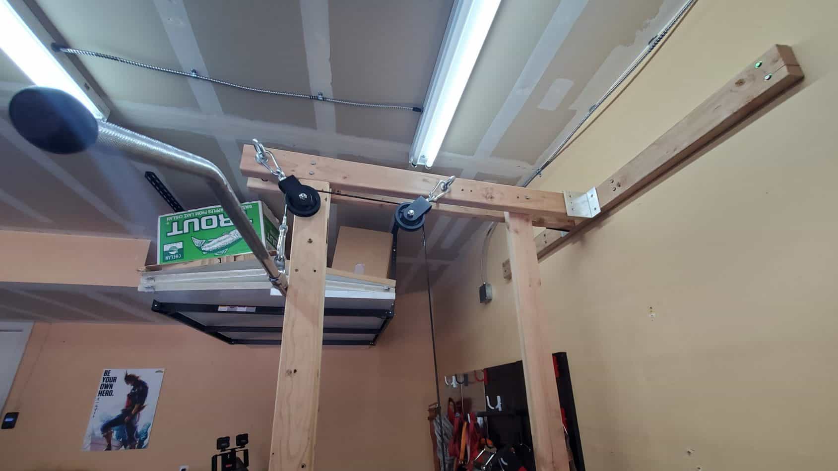 overbuilt lat pulldown and pulley system for home gym using lumber