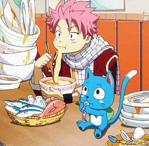Natsu and Happy from Fairy Tail showing us how to eat for performance