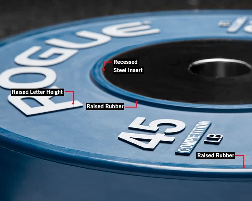 closeup of blue 45lb rogue fitness competition bumper plates with various features shown