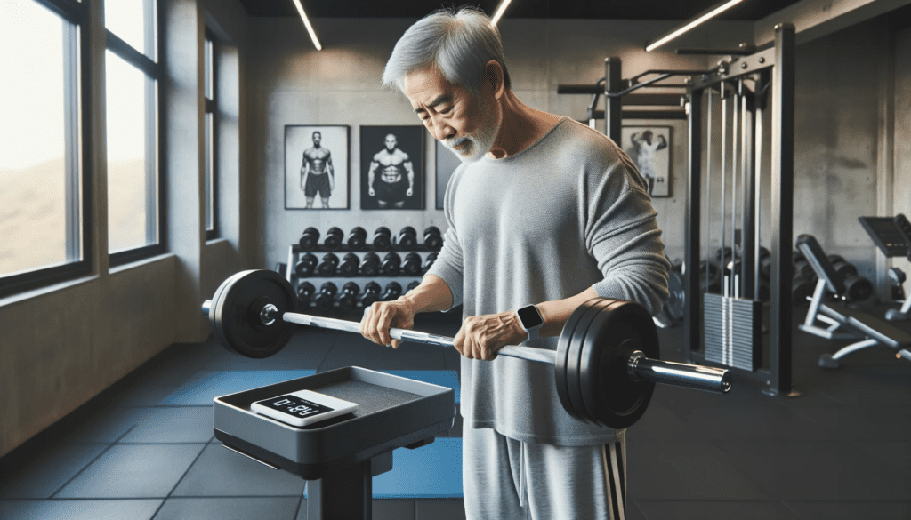 A photo depicting a well-lit fitness room where an older East Asian man with short grey hair is carefully weighing a black barbell on a high-tech digital weight scale. He is wearing a loose-fitting long-sleeve shirt and comfortable track pants, highlighting his active lifestyle despite his age. The gym is equipped with various weight training machines, and the walls are adorned with inspirational fitness posters.