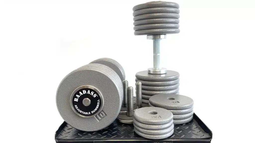 baadass adjustable dumbbells on metal holder with locking pins and plates