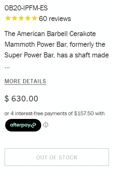 screenshot of out of stock mammoth bar