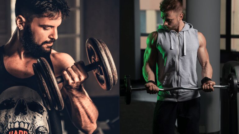 man on the left doing dumbbell curls while the man on the right is doing ez bar curls