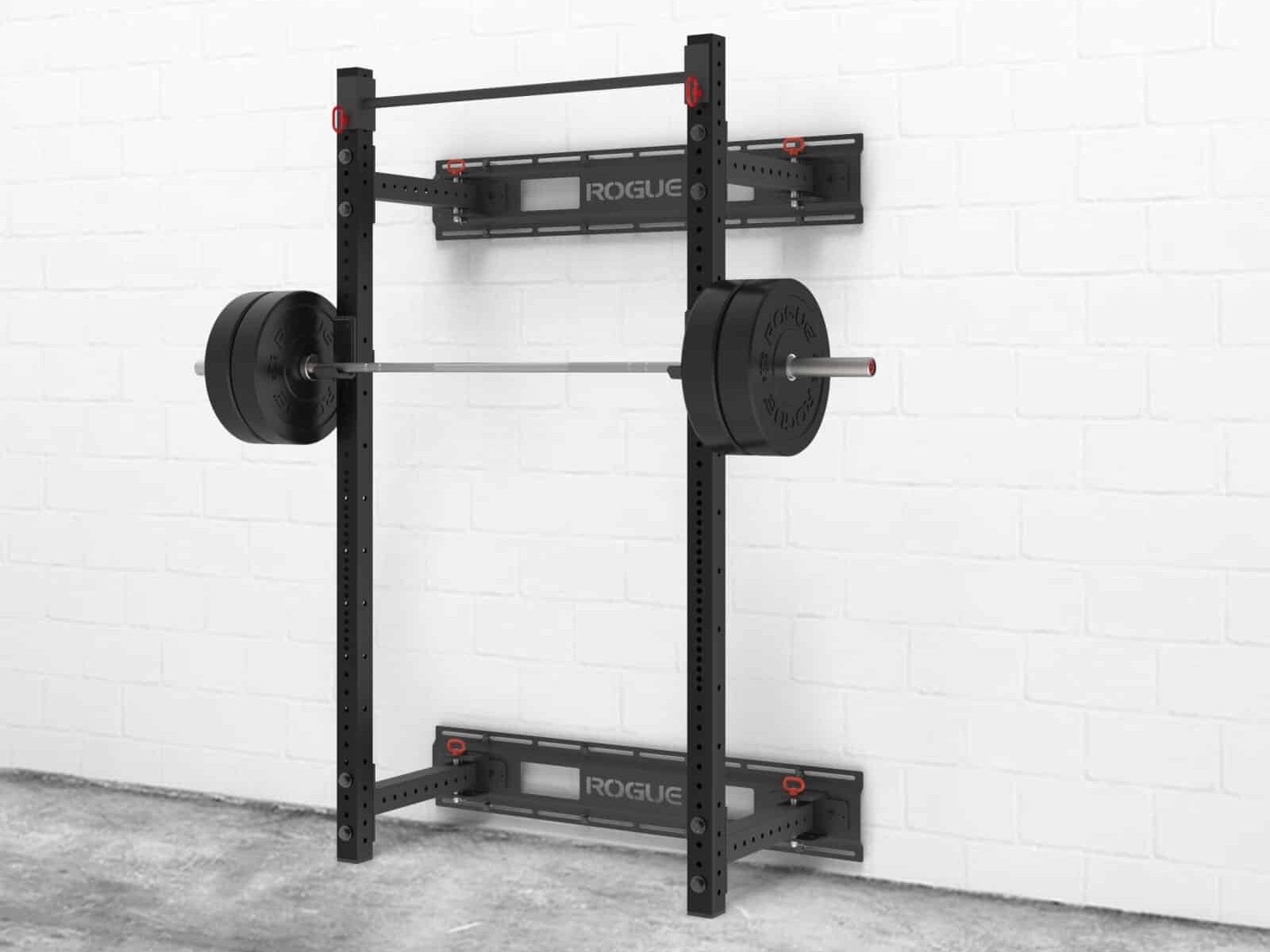 rogue wall mounted folding rack with weights loaded