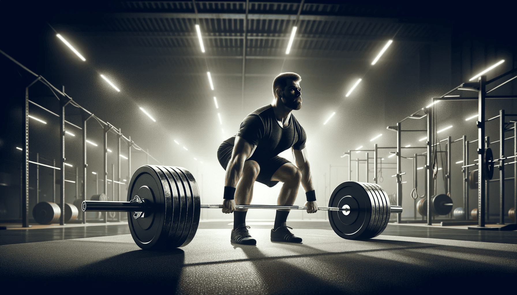An image of a strong man in the middle of a deadlift at a gym, with the barbell bending slightly under the weight of the heavy plates. The man is in proper deadlift form, with a straight back, bent knees, and both hands gripping the bar firmly. His muscles are tensed, showing the effort of the lift. The gym environment is realistic, with other weightlifting equipment in the background. The entire scene conveys the intensity and focus required for heavy weightlifting, with no white space around the edges of the image.