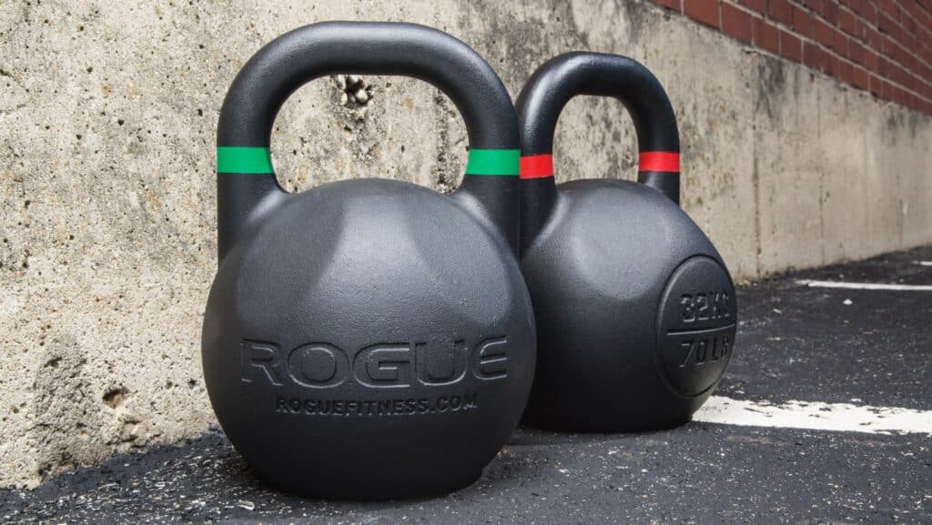 closeup of rogue kettlebells with red and green markings
