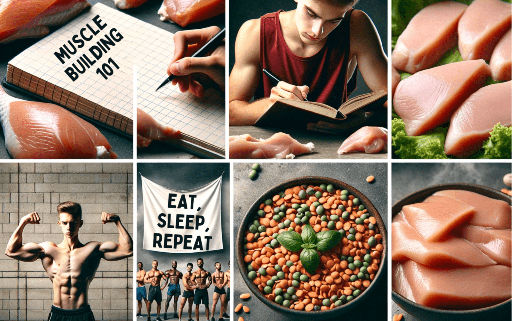 Photo montage in 16:9 aspect ratio that chronicles the muscle-building voyage. Beginning with a young person jotting down notes from a 'Muscle Building 101' guidebook, followed by close-up shots of protein-rich foods (chicken, tofu, lentils). The climax showcases a diverse group of athletes in action, with one holding a banner that reads 'Eat, Train, Sleep, Repeat'.