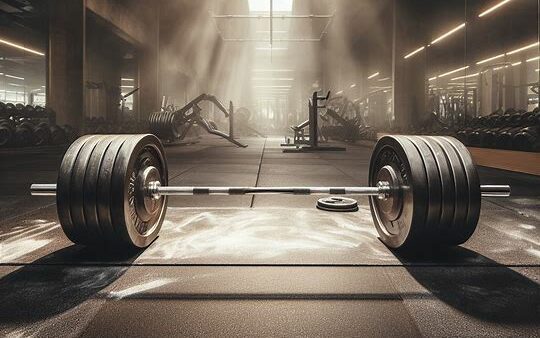 deadlift bar on platform inside of gym