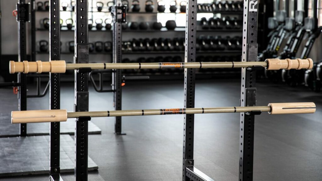 bamboo and earthquake barbells in rack
