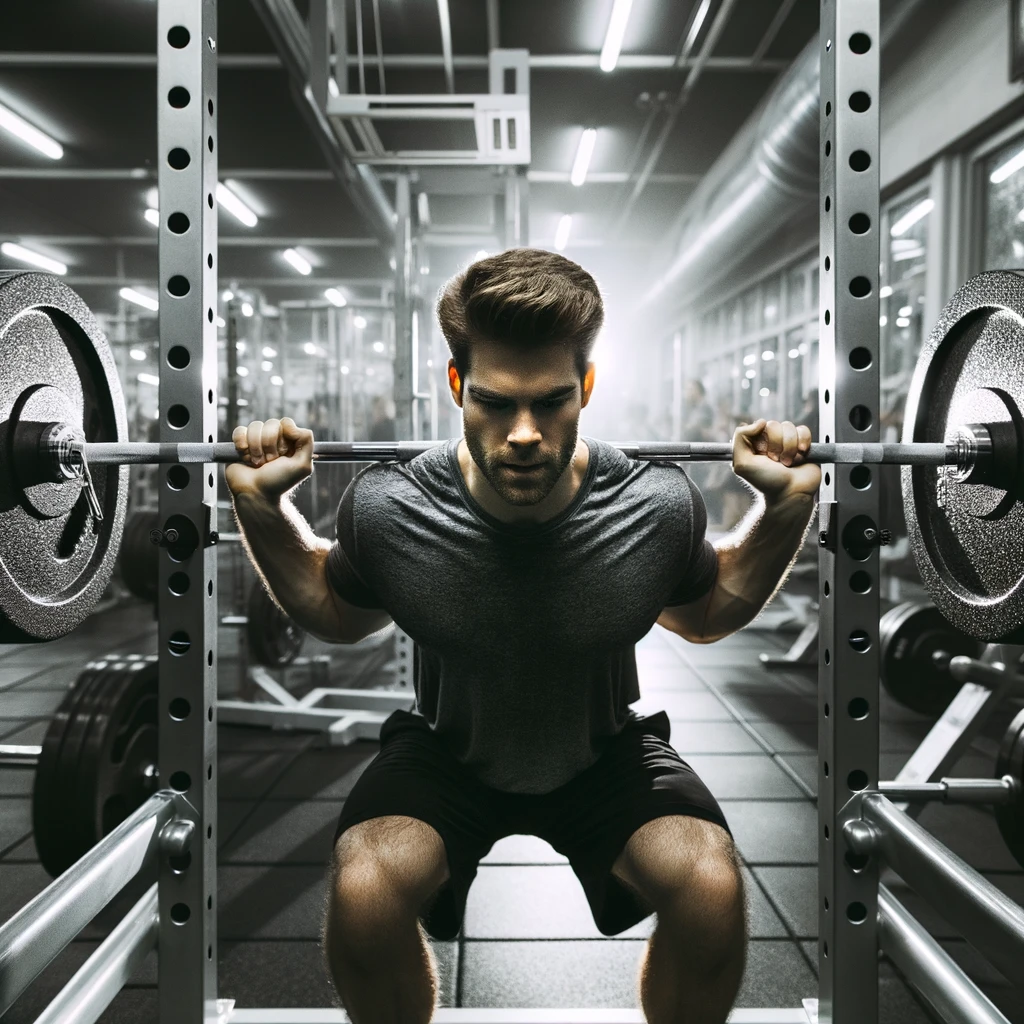 A muscular man is in a gym setting, preparing to lift a heavy barbell.