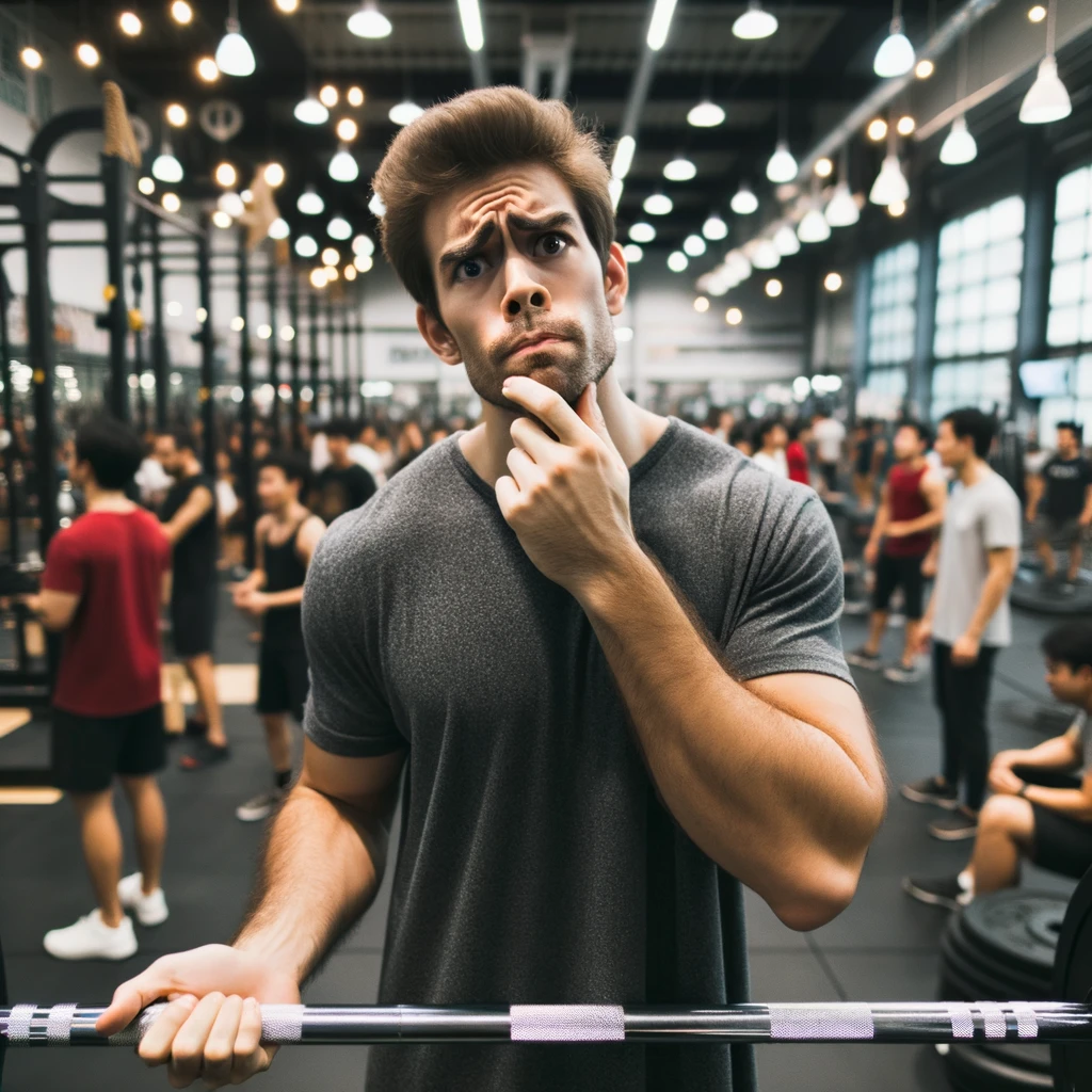 In the midst of a bustling gym, a man stands perplexed, holding a barbell and looking around with an expression of genuine curiosity.