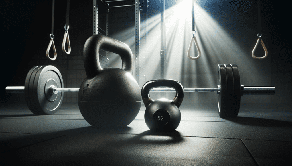 Photo of a barbell and kettlebell placed side by side on a gym floor, with a dramatic spotlight shining on them, emphasizing their importance in strength training.