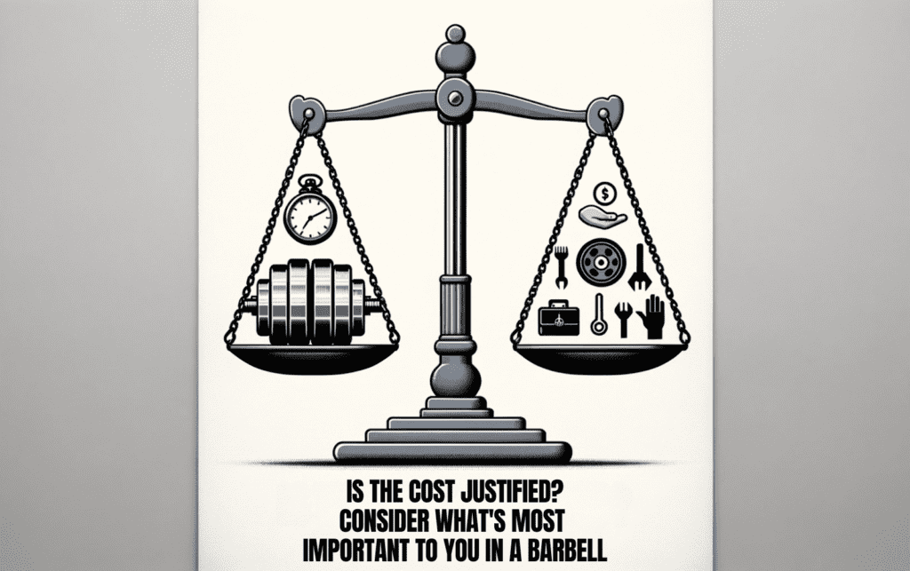 A balance scale with the title 'Is the Cost Justified?'. On one side of the scale, a stainless steel barbell, and on the other, icons of a maintenance tool, a clock, and a hand gripping. The message below reads 'Consider what's most important to you in a barbell.'
