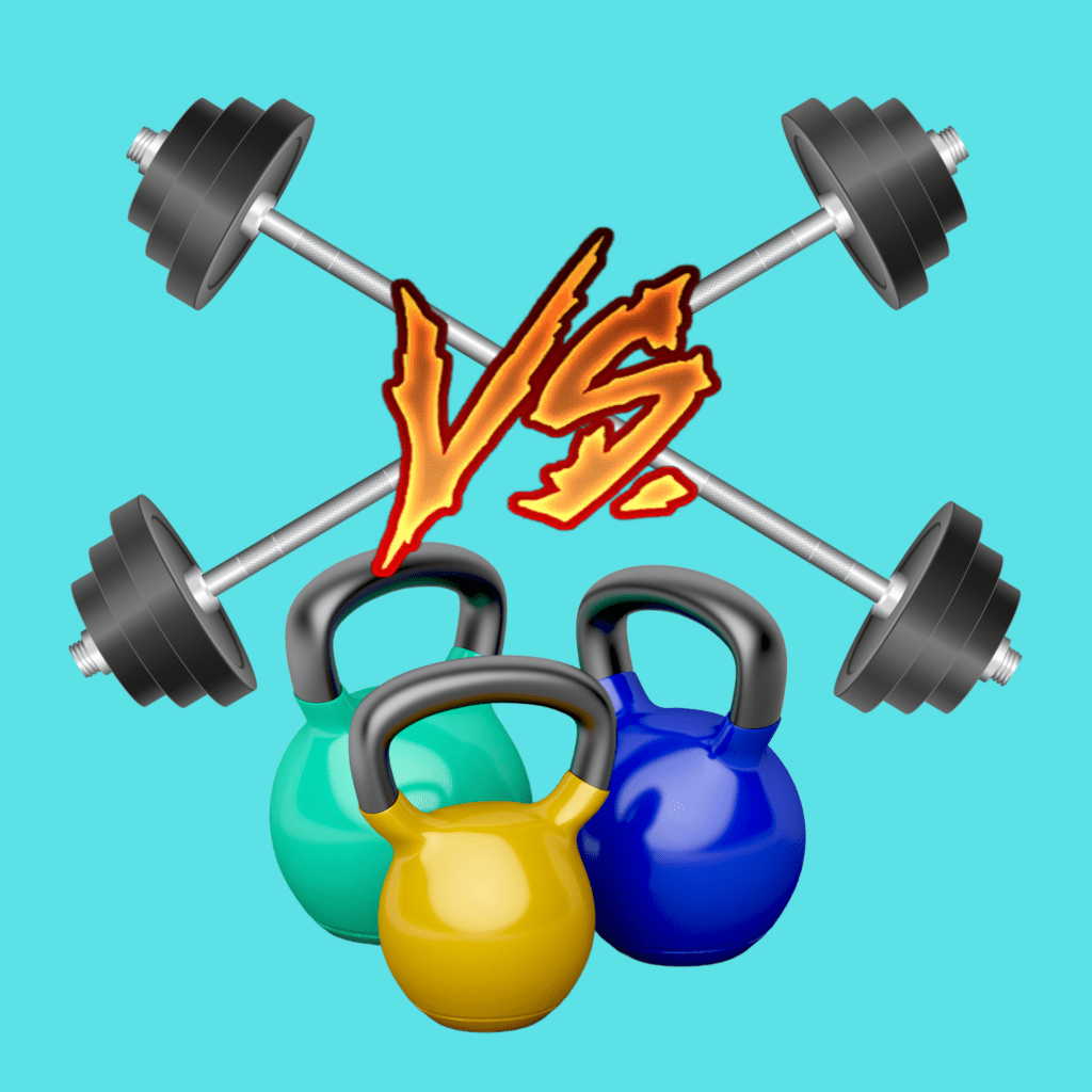 two barbells crossed with vs in front of it, three colorful dumbbells are below it