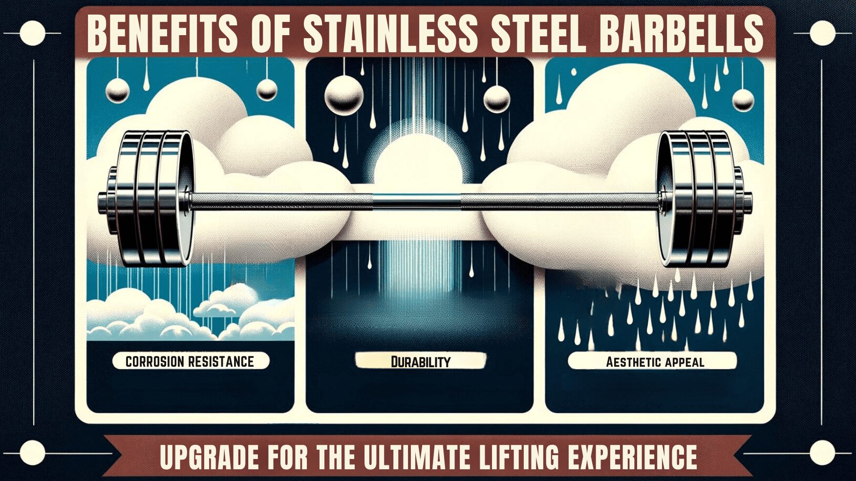 Educational visual: 'Benefits of Stainless Steel Barbells' is written at the top. Three segments show: A barbell in a rain cloud, staying rust-free for 'Corrosion Resistance', a barbell lifting massive weights for 'Durability', and a polished barbell reflecting light for 'Aesthetic Appeal'. The bottom banner emphasizes, 'Upgrade for the ultimate lifting experience'.