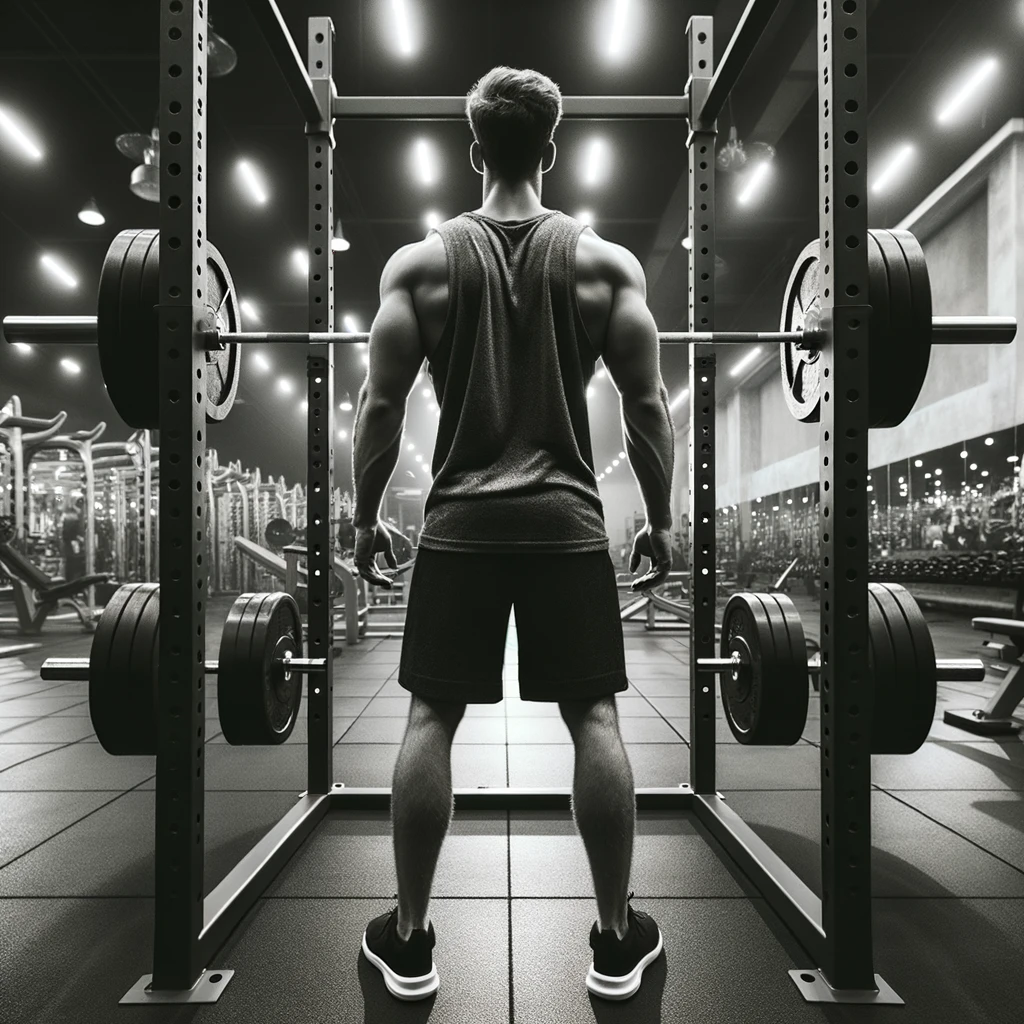 In a well-lit gym, a fit man stands poised, ready to begin his workout. He is approaching a squat rack from behind, where a barbell awaits him.