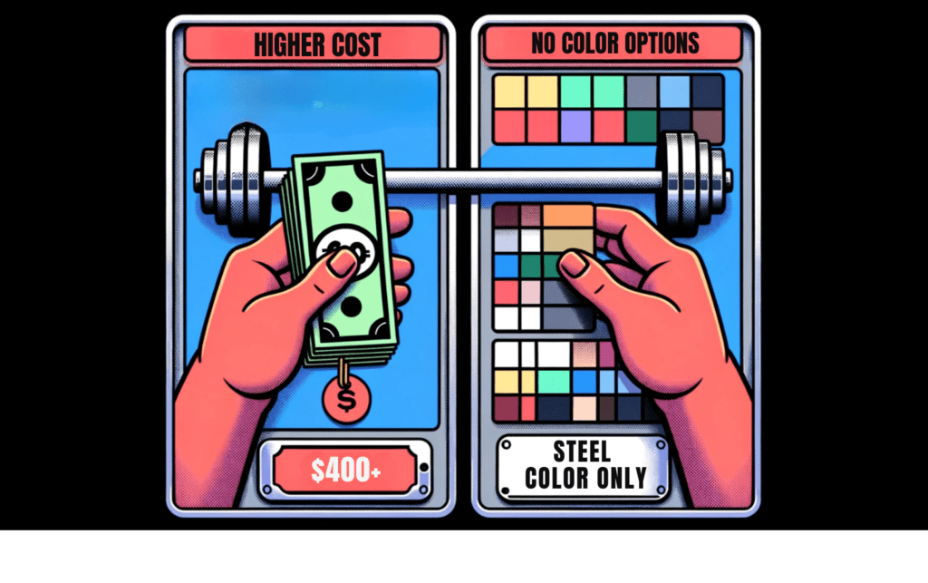 A split screen, on the left, a hand holding out money with a barbell and price tag showing '$400+', labeled 'Higher Cost'. On the right, a stainless steel barbell next to a color palette with a 'no color options' sign over it, indicating 'No Color Variations'. A reminder at the bottom emphasizes, steel color only