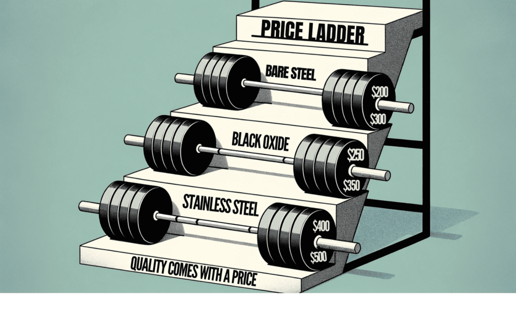 Steps labeled with barbell materials and their price range. The first step shows 'Bare Steel' ($200-$300), the second step 'Black Oxide' ($250-$350), and the bottom step 'Stainless Steel' ($400-$500). A message at the top reads: 'Quality comes with a price.'