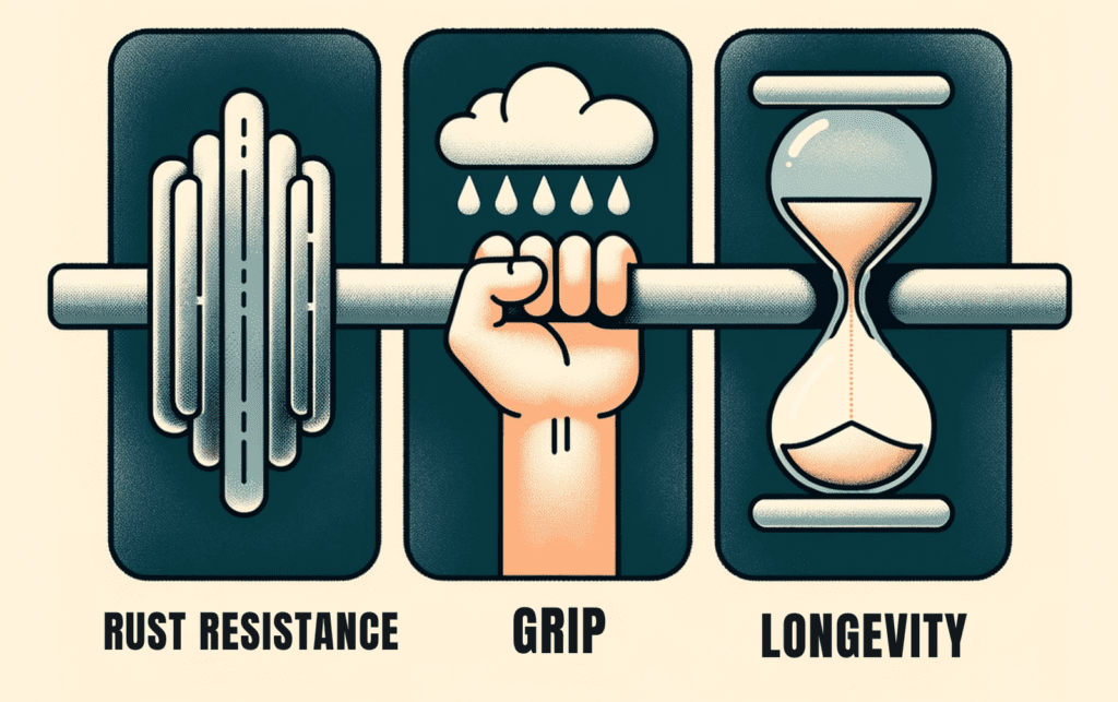 Simplified infographic about Stainless Steel Barbells. Three segments: 'Rust Resistance' showing a barbell with a rain cloud above it but no rust, 'Grip' depicting a hand holding a barbell tightly, highlighting the texture, 'Longevity' with an hourglass next to a barbell, emphasizing its lasting quality.