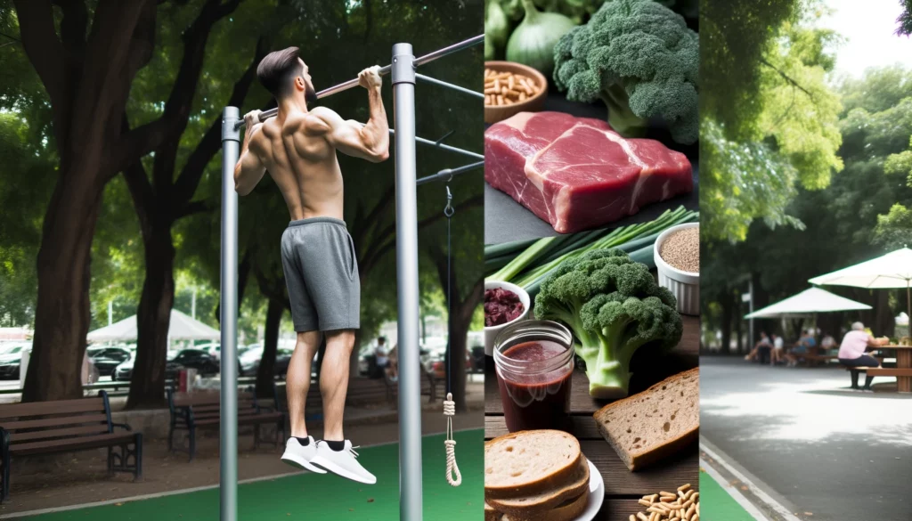 man doing pullups next to food in a park