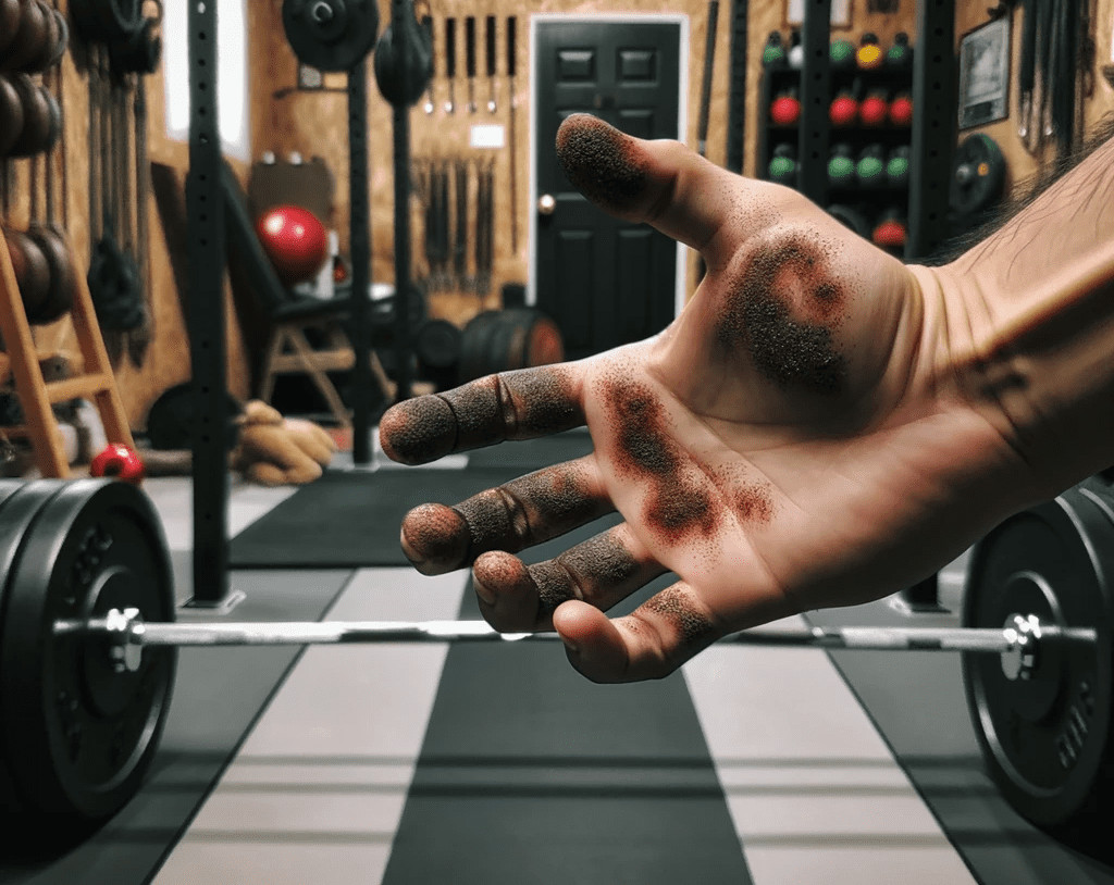 Photo capturing the moment a hand is about to make contact with a barbell showing slight rust discoloration. The home gym ambiance is evident with workout gear in the background.