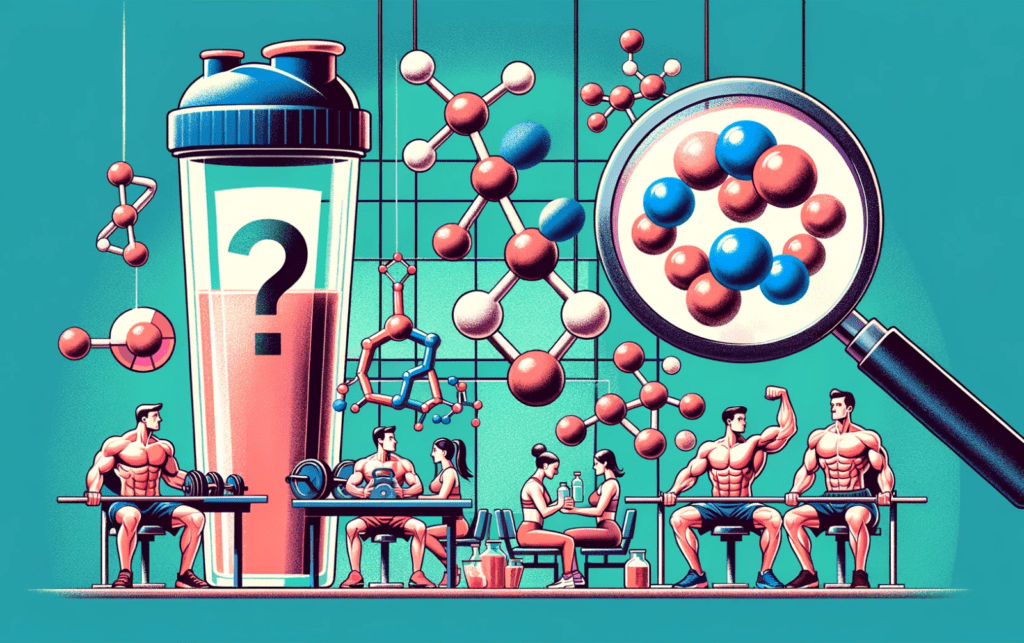 Illustration of the muscle-building journey. Starting with a question mark hovering over a protein shake bottle, leading to a magnifying glass zooming into protein molecules. The scene transitions to a gym setting where individuals of diverse backgrounds are seen training, followed by a table laden with both meat-based and plant-based protein dishes, highlighting the importance of a balanced diet.