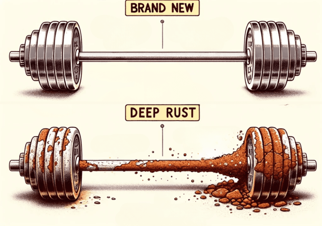 Illustration showcasing a barbell timeline. The topmost part of the timeline depicts a pristine, shiny barbell labeled 'Brand New'. The bottom section portrays the barbell consumed by deep, flaky rust, with a label reading 'Deep Rust'.