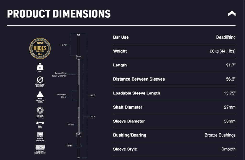 product dimensions of the rep hades deadlift bar