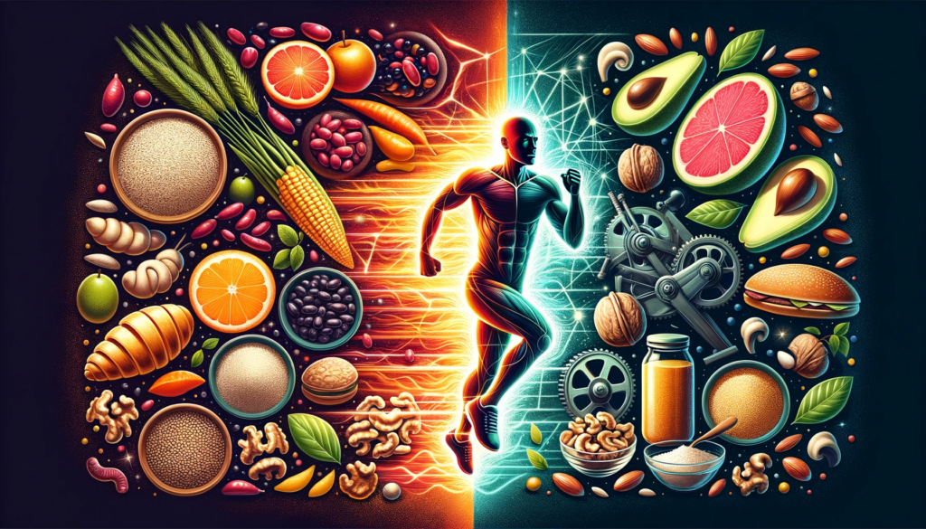 Illustration in 16:9 aspect ratio emphasizing the importance of carbs and fats in muscle development. The left side showcases a vibrant selection of carbohydrate-rich foods like whole grains, beans, and fruits, with an athlete in action, fueled by a glowing energy trail of carbs. The right side features a calming palette of healthy fats - nuts, seeds, avocados, and fish, with a well-oiled machine metaphorically representing the body's muscle machinery running smoothly.