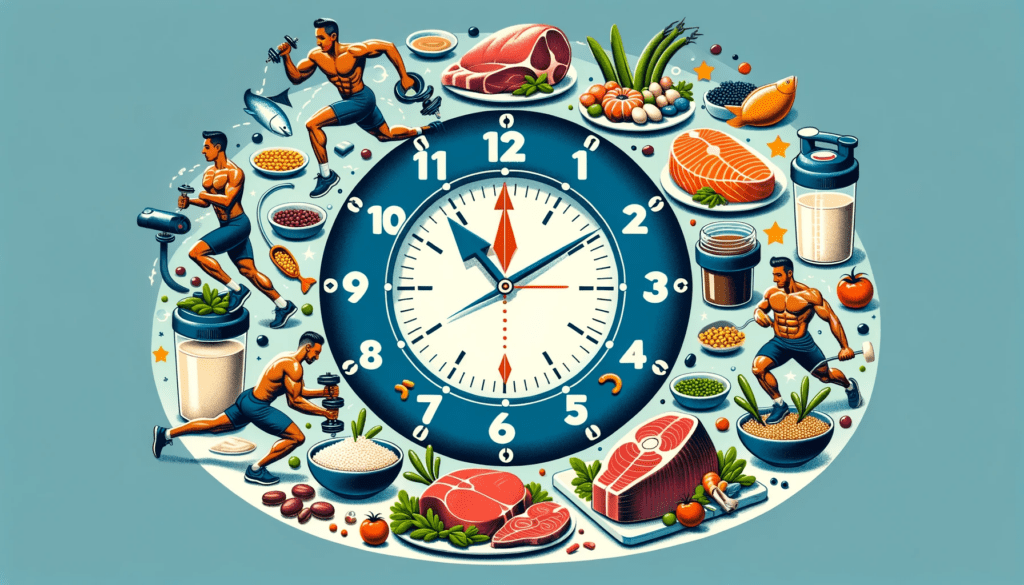 Illustration in 16:9 aspect ratio visualizing the concept of protein intake and timing. A large clock face dominates the center with different protein sources (meat, fish, legumes, and protein shake) placed around it. Athletes are positioned at various clock points performing exercises, representing optimal protein intake times like pre-workout, post-workout, and regular meals. The bottom showcases a table of varied food sources emphasizing whole foods over supplements.