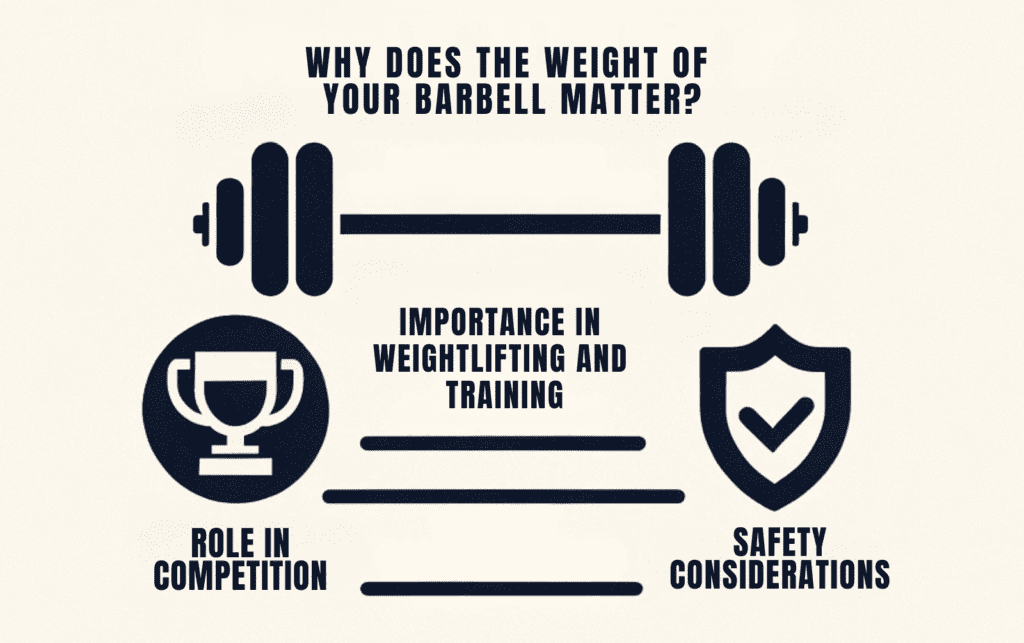 A straightforward infographic with the main title: 'Why Does the Weight Of Your Barbell Matter?'. Directly below the title, three bold headings are listed vertically: 'Importance in Weightlifting and Training', 'Role in Competition', and 'Safety Considerations'. Each heading is emphasized with a simple, associated icon: a barbell for training, a trophy for competition, and a safety shield for safety considerations.