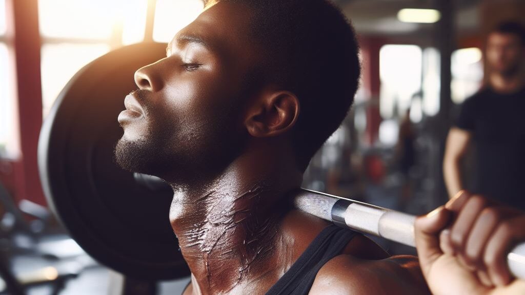 man with barbell directly on neck causing his neck to peel away