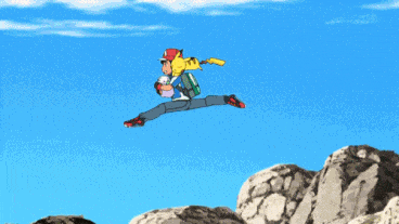 ash ketchum jumping down rocks holding a pokemon in his hands while pikachu hangs on for dear life